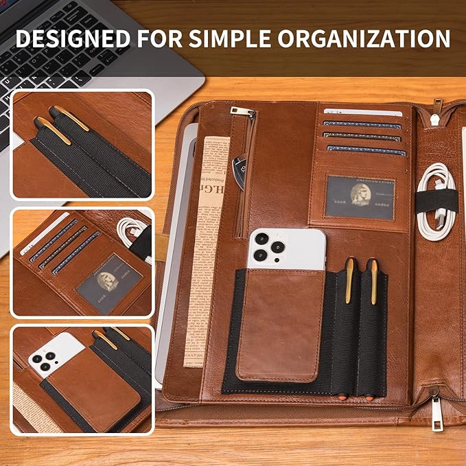 Geslun Personalized Genuine Leather Portfolio, Legal Size 8.5 x 14 Pad Holder, Custom Engraved Business Padfolio for Men Women, Zip 14" Laptop Organizer, Professional Notepad Folio, Brown, Oil Tanned