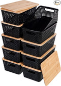 Anywish Storage Bins with Lids 10 Packs, Plastic Storage Bins with Bamboo Lids for Pantry Organization and Storage Containers for Shelves Drawers Desktop Closet Playroom Classroom Office Home, Black