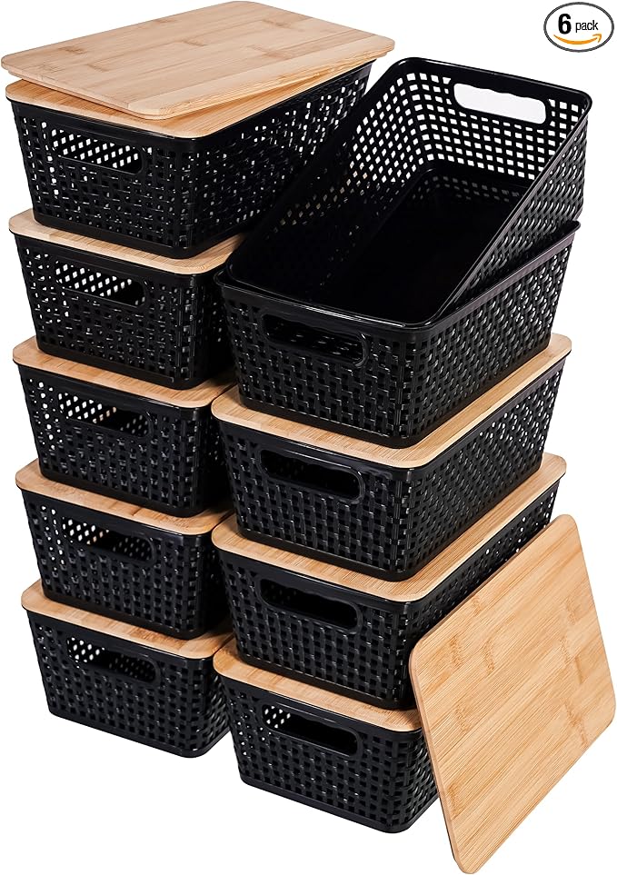 Anywish Storage Bins with Lids 10 Packs, Plastic Storage Bins with Bamboo Lids for Pantry Organization and Storage Containers for Shelves Drawers Desktop Closet Playroom Classroom Office Home, Black