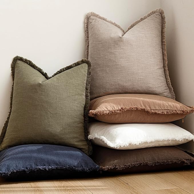 Foindtower Set of 2 Decorative Linen Fringe Throw Pillow Covers Farmhouse Cushion Cover with Tassels Soft Accent Pillowcase for Couch Chair Sofa Bed Living Room Home Decor,24×24 Inch,Natural Linen