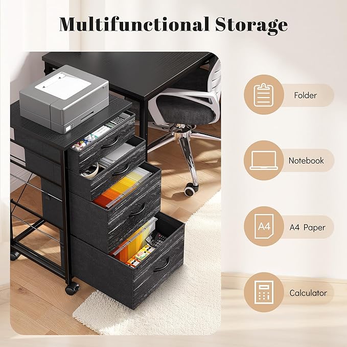 4 Drawers Mobile File Cabinet Vertical Filing Cabinet with Fabric Drawer Fits A4/Letter Size Printer Stand for Home Office，Black