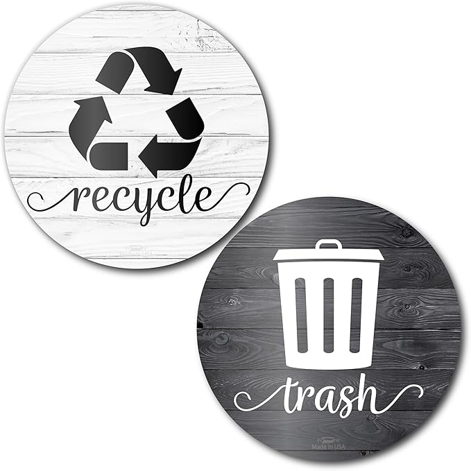 Farmhouse Recycling Stickers for Trash Can & Bins, 3.5" Recycle Stickers for Trash Bins, Laminated Recycle Sticker for Kitchen Garbage Can Recycling Bin Combo, Made in USA, Black & White Wood