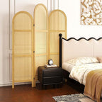 3-Panel Hand-Woven Rattan Room Divider, Tall Foldable Privacy Screen with Wooden Frame - Freestanding Portable Partition for Home Office, Bedroom, Bathroom(Natural-Wave)