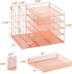 Marbrasse Rose Gold Desk Organizer with File Holder, 5-Tier Paper Letter Tray Organizer and Drawer, Mesh Desktop Storage with Magazine Holder for Office Supplies