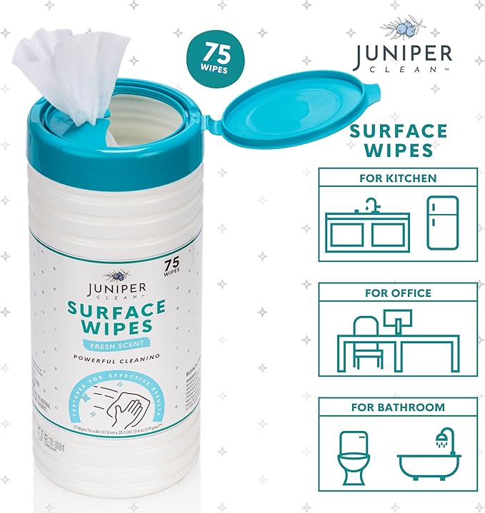 Juniper CLEAN 4 Pack Surface Cleaning Wipes Bleach Free, All-Purpose Cleaner for Bathroom, Kitchen, Office, 300 Count Canister, 7.5" x 7" Sheet, Fresh Scent, Lint Free & Durable