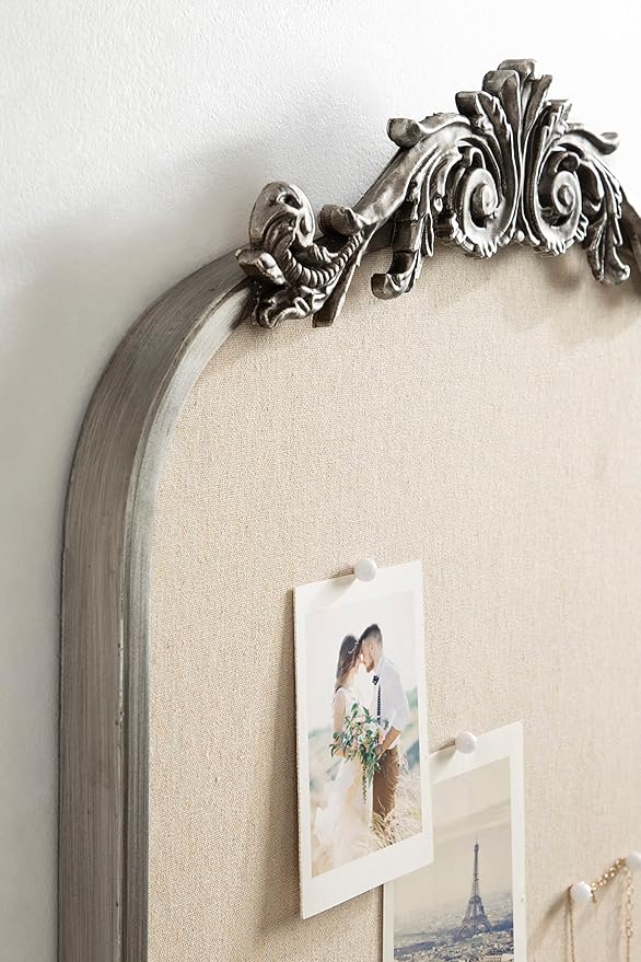 Kate and Laurel Arendahl Arch Pinboard; Silver; 19 x 31; Framed Arched Ornate Vintage Pinboard for Unique Display; Organization; and Decor Options