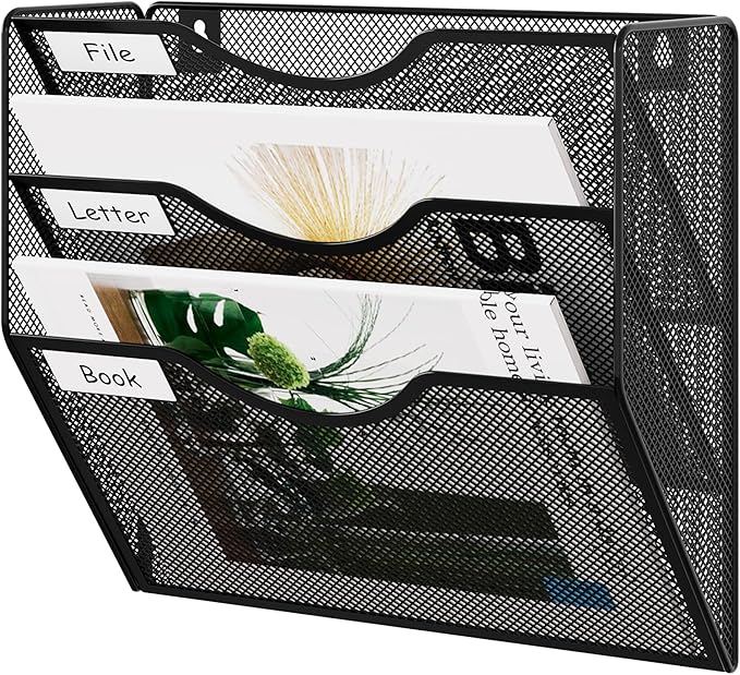 EasyPAG 3 Pocket Mesh Wall File Organizer, Hanging Paper Folder Holder with Classify Label, Vertical Wall Mount Mail Organizer for Office Home Classroom, Black