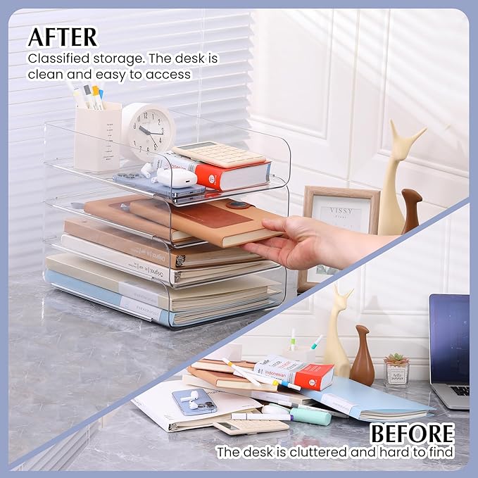 CiWiVOKi 2 Pack Stackable Paper Tray, Acrylic File Organizer for Desk, Office Organizer and Storage for Desk Accessories, Notes, Books, File Paper, Document