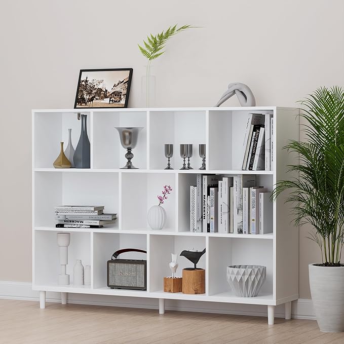 Chyanmoo Wood Cube Storage Organizer White Bookshelf - 3-Tier Freestanding Storage Cabinet with Legs for Home Office, 11-Cubes Open Shelf