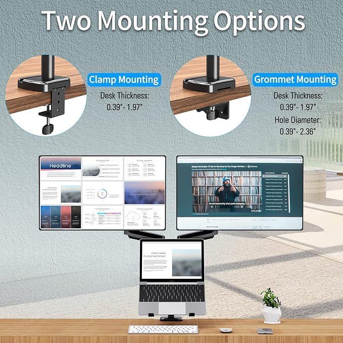 MOUNTUP Dual Monitor and Laptop Mount, Adjustable Monitor Stand for 2 Max 27" Computer Screens, Laptop Tray Fits 10-17inch Notebook, Holds 4.4-17.6lbs Per Arm, 3-in-1 Adjustable Monitor Desk Mount