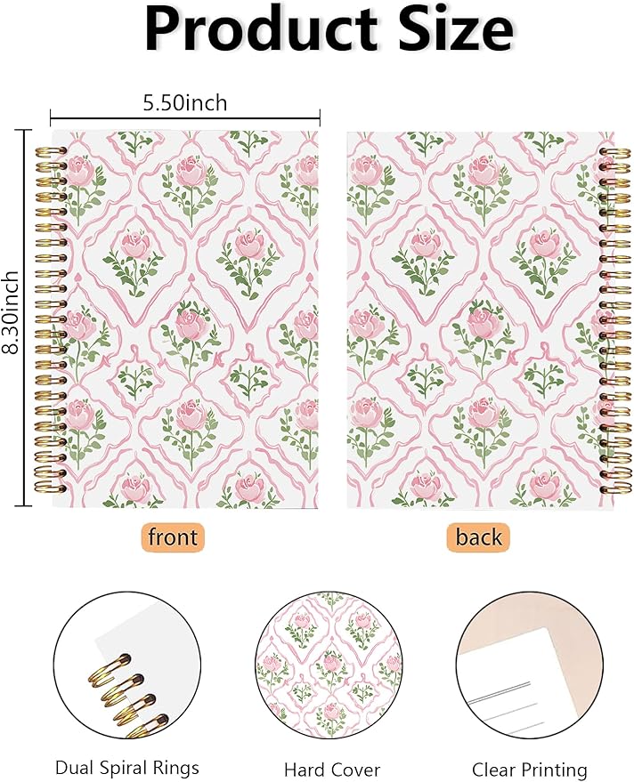 BitKan Pink Rose Floral Spiral Notebook, Preppy Floral Girly Aesthetic Journal, Pink Flower Journal for Women, Grandmillennial Flower Notebook 5.5x8.3 Inch-376