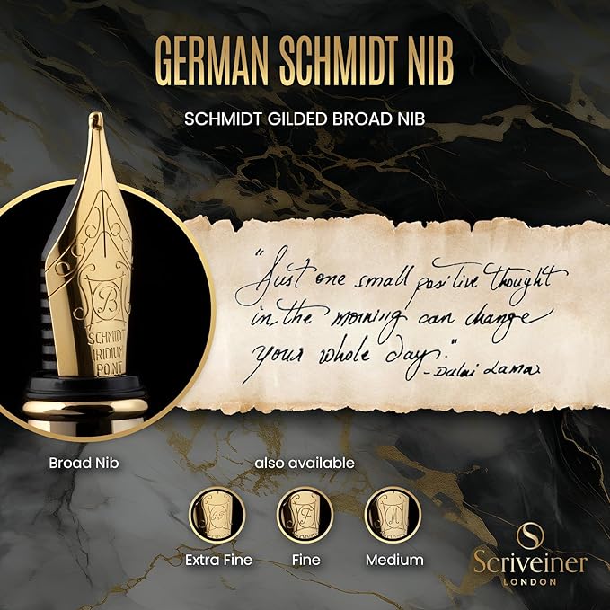 Scriveiner Luxury Fountain Pen - Stunning Black Lacquer Pen, Real Gold Finish, Schmidt Gilded Nib (Broad), Converter, Best Pen Gift Set for Men & Women, Professional, Executive, Office, Nice Pens
