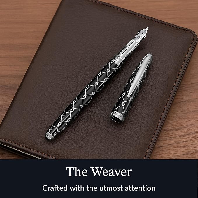Webson Gill ‘The Weaver’ Black Luxury Executive Fountain Pen, Polished Lacquer & Chrome, Medium Nib, Smudge Free No Bleed, Use Any Fountain Ink w/Included Converter, Fits Cartridges (sold separately)