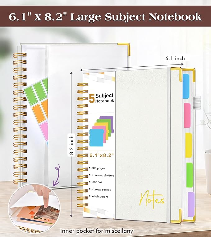 Spiral Notebook Journal with Removable Dividers Tabs, 300 Pages Hardcover Leather 5 Subject College Ruled Notebook, 6.1"x8.2" Large A5 Lined Journal for Women Men Spiral Notebook for Work School,Beige