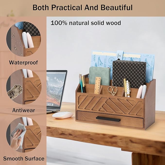 dreampossible Brown Wood Desk Organizer and Accessories with Drawer, Bill Mail Organizer and File Mail Holder for Office Supplies, Modern Desk Accessories & Workspace Organizers for Desk Organization