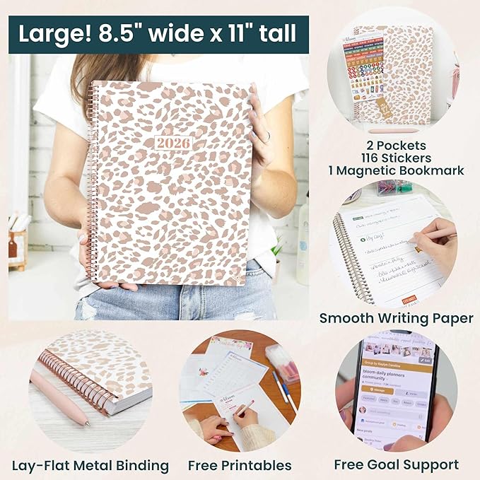 bloom daily planners 2026 Planner (January to December) - 8.5” x 11” Weekly & Monthly Dated Agenda Organizer Book with Stickers & Tabs - Flexible Soft Cover - Tan Leopard
