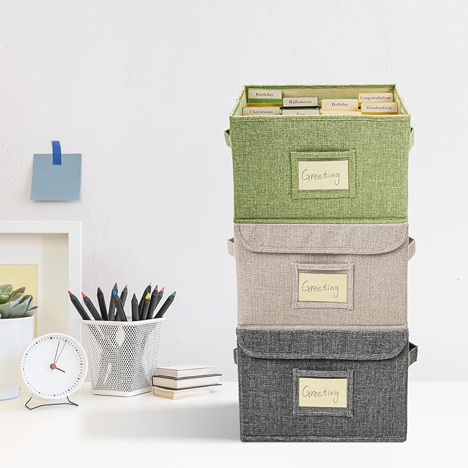 Vienrose Greeting Card Organizer Storage Box with 20 Removable Dividers, 84 Self-stick Labels, Perfect for Photos, Envelopes, Scrapbooking, Paper, Stickers Holder 2 Pack Grass Green
