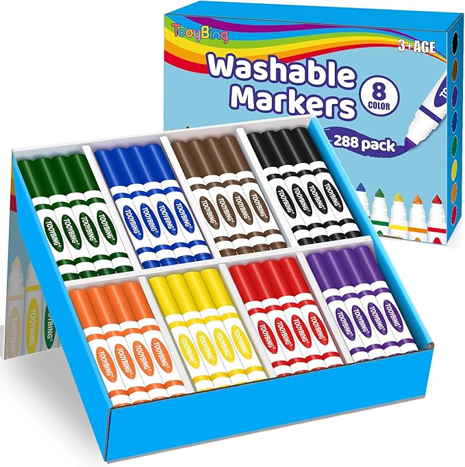 TooyBing Washable Markers Bulk (288 Count), 8 Assorted Colors, Washable Markers for Kids Classroom School, Broad Tip Durable for Back to Classroom Art School Supplies Essentials