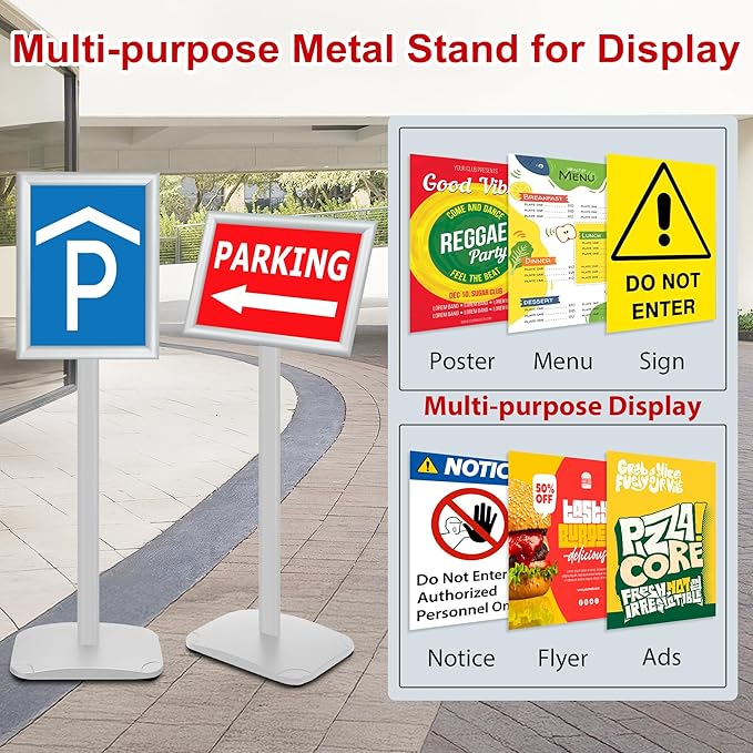 VAIIGO Heavy Duty Standing Sign Holder 8.5x11 Inch - Pedestal Floor Sign Stand with Weighted Base - Vertical & Horizontal View Poster/Menu Holder for Indoor/Outdoor Business Store Advertising, Silver