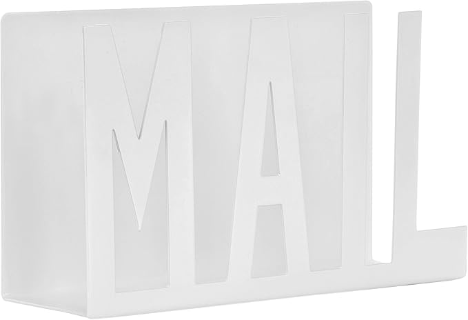 MyGift Mail Holder Organizer Countertop Modern Metal White with Cutout MAIL Lettering Design, Office Desktop Envelope and Document Storage Rack