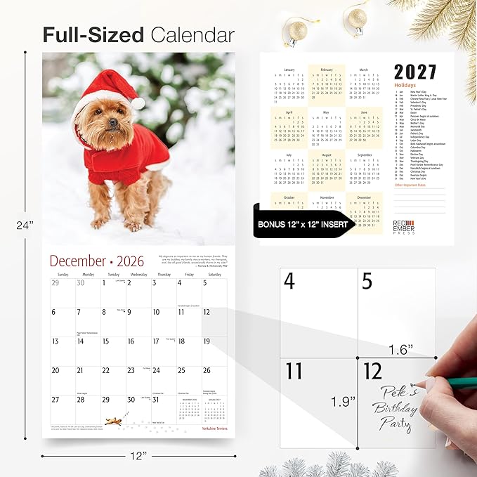 RED EMBER Yorkies Yorkshire Terriers 2026 Wall Calendar 12 Month | 12" x 24" Open | Thick & Sturdy Paper | Holiday Gift | Cute Puppy Dog Calendar 2026