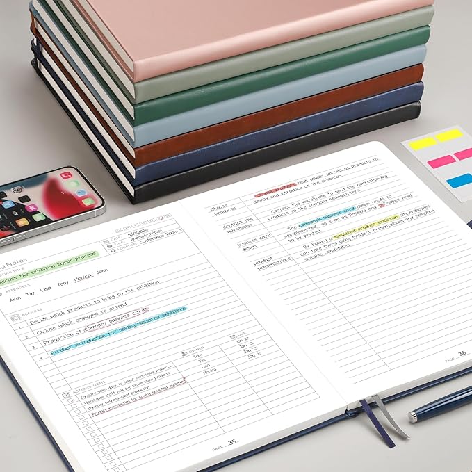 EMSHOI Meeting Notebook for Work with Sticky Tabs - 240 Pages, A4 Size Project Planner, PU Leather Meeting Agenda/Minutes Organizer for Women Men Note Taking Office Business, 8.3"x11.7", Dark Green