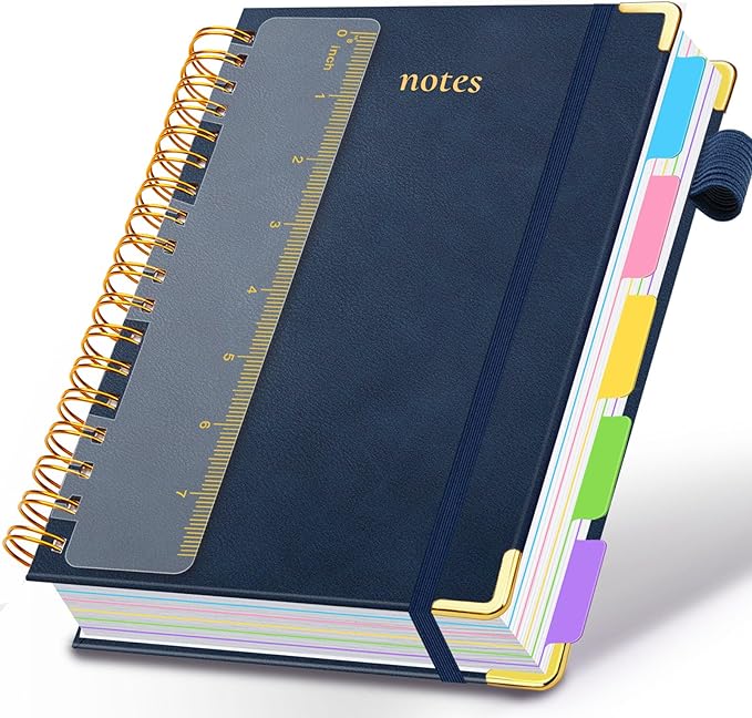 Hardcover Spiral Notebook 6.2"x 8.2" Journal Notebook with Tabs and Removable Dividers 300 Pages 5 Subject Notebook College Ruled, Faux Leather Spiral Bound Notebook for Women School Work(Dark Blue)