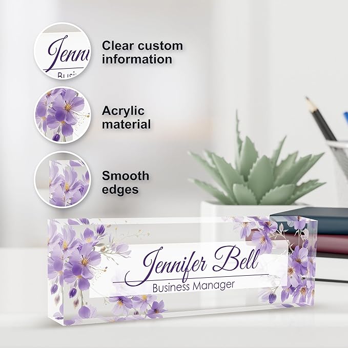 Personalized Name Plate for Desk, Custom Desk Name Plate, Acrylic Name Plate Office Desk Accessories, Personalized Office Gifts for Coworkers Teachers, Employee Appreciation Gifts (Purple Ink)