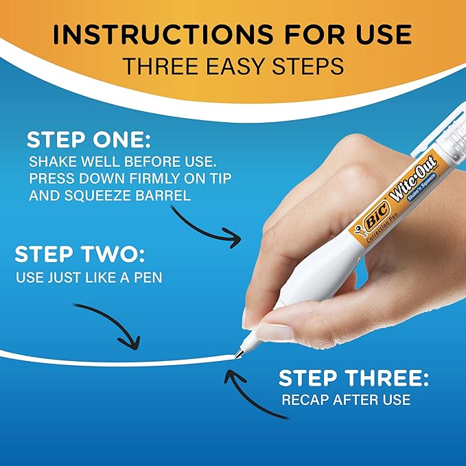 BIC Wite-Out Brand Shake 'n Squeeze Correction Pen, 8 ML Correction Fluid, 4-Count Pack of white Correction Pens, Fast, Clean and Easy to Use Pen Office or School Supplies