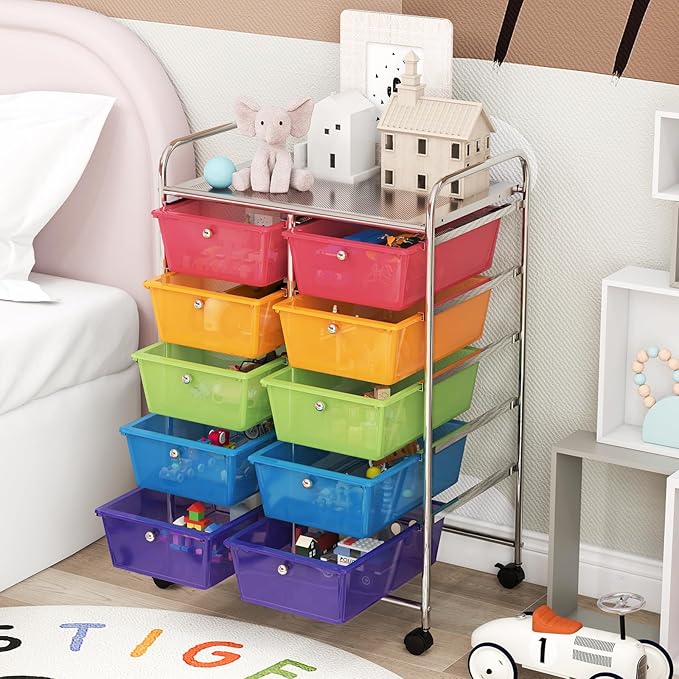 GOFLAME 10-Drawer Rolling Storage Cart, Art Craft Storage Organizer on Wheels, Multipurpose Movable Utility Cart for School, Office and Home, Rainbow