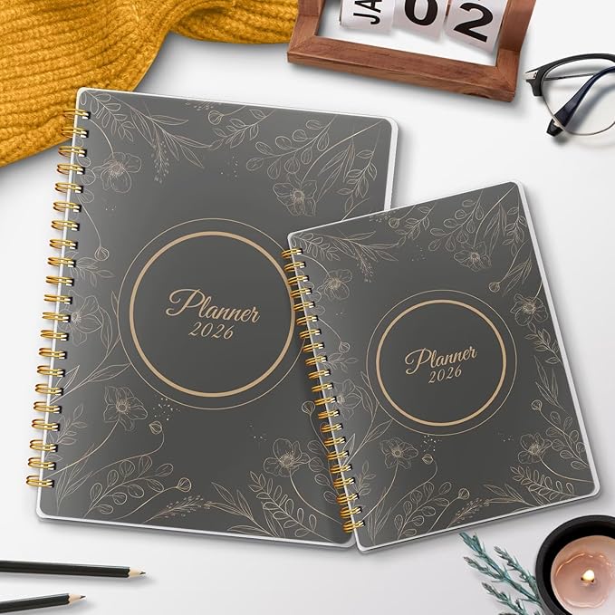 2026 Planner 8.5 x 11, Large Weekly Monthly Planners with Tabs, A4 Spiral Bound Daily Calendar 2026 Planner, 12 Month Agenda from Jan. to Dec., Flexible Cover Appointment Book(Black Gold Flower)