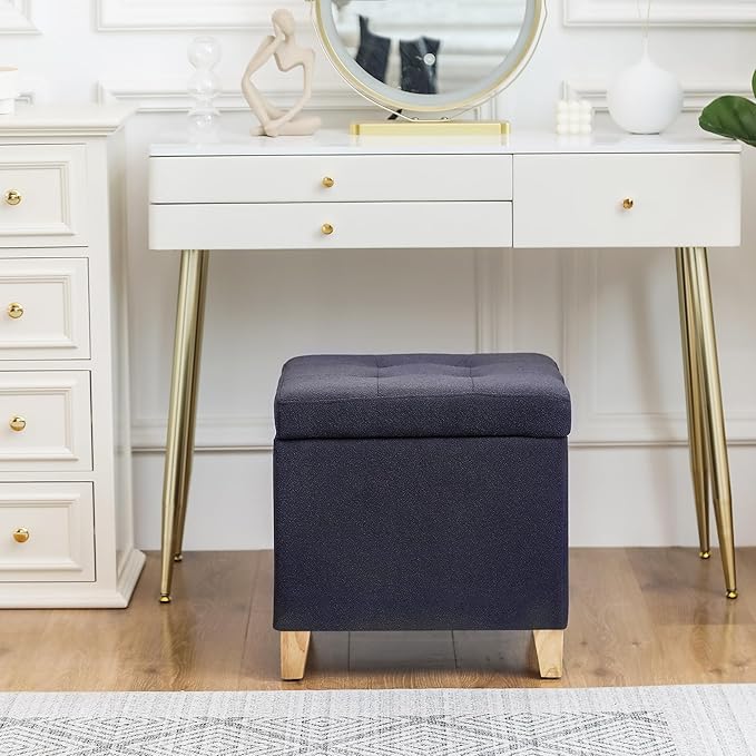 Homebeez Tufted Grainy Linen Fabric Storage Ottoman Square Cube Foot Rest Stool with Flip Top (Dark Gray)