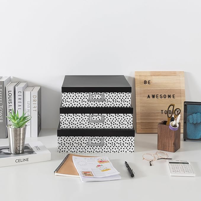 Soul & Lane Decorative Storage Boxes With Lids, Set of 3 Nesting Black and White Letter and Document Box Set for Photos, Scrapbooks, Keepsakes (Whimsical Triangles)