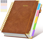 Hardcover Spiral Notebook Journal with Removable Dividers Tabs, 300 Pages Leather 5 Subject Notebook College Ruled, 8"x10" Large B5 Notebooks for Work School, Lined Journal for Men, Light Brown