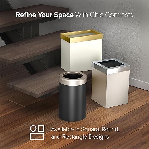 Gatco 1912SN Modern Round Waste Basket, Matte Black and Satin Nickel Combo / 11.88" H x 7.63" Dia Open Top Stainless Steel Trash Can with Removable Lid, 11 Liter Capacity