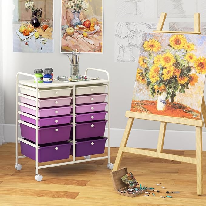 LDAILY 12 Drawer Rolling Storage Cart, Craft Cart Organizer on Wheels with Metal Frame, Large Capacity & Smooth Drawers for Living Room, Classroom, Office (Gradient Purple)