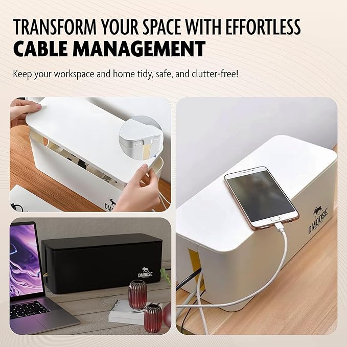 DMoose Cable Management Box - 2 Pack Medium & Large Cord Organizer for Desk & Floor, Cable Organizer Box for Child & Pet - Hider for Tidy Office & Home (Wood Print Lid, Black, Pack of 2)