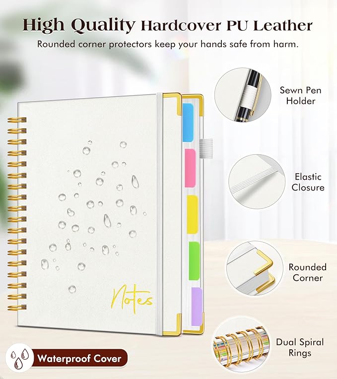 Spiral Notebook Journal with Removable Dividers Tabs, 300 Pages Hardcover Leather 5 Subject College Ruled Notebook, 8"x10" Large B5 Lined Journal for Women Men, Spiral Notebooks for Work School, Beige