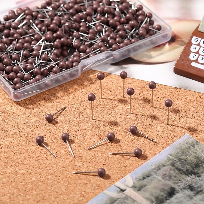 WILLBOND 500 Pack Map Push Pins Map Tacks Small Round Head Push Pins Thumb Tacks for Travel Picture Photo Bulletin Board Wall DIY Craft School Office Home(Brown,1/6 Inch)