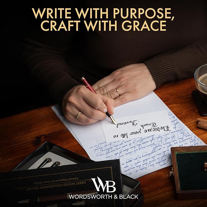 Wordsworth & Black Calligraphy Pen Gift Set, Includes Ink Bottle, 6 Ink Cartridges, Refill Converter, 6 Replacement Nibs, Luxury Bamboo, Journaling, Smooth Writing Pens [Violet Wood]