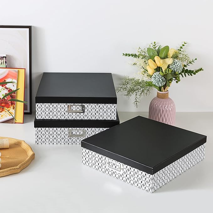 Soul & Lane Black and White Decorative Storage Boxes with Lids for Organizing, Set of 3 Jumbo Scrapbook Storage Boxes for Documents, Keepsakes, Memories, Modern Trellis