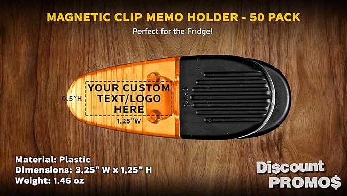 50 Magnetic Memo Holders Set - Customizable Text, Logo - Large Clip, Plastic - Orange