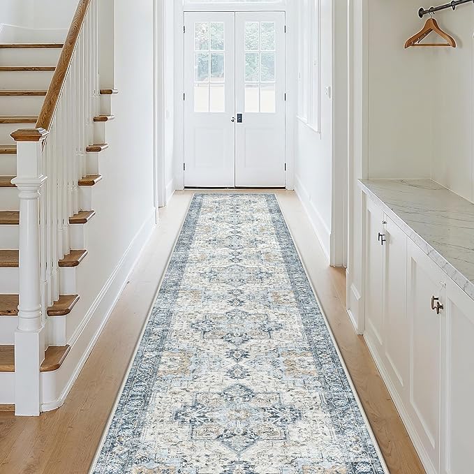 GENIMO Runner Rug 2'6"x12, Non Slip Vintage Hallway Runner Rugs, Low Pile Lightweight Machine Washable Mat for Hallway, Entryway, Bedroom, Kitchen and Corridor, Blue