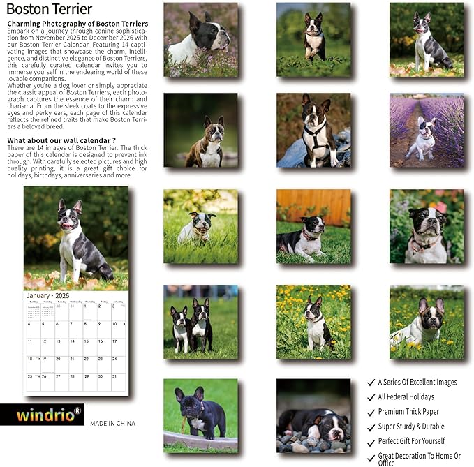 2026 Wall Calendar,Calendar 2026, November 2025 - December 2026, Wall Calendar Boston Terriers, 12" x 24" Opened,Full Page Months Thick & Sturdy Paper for Calendar Organizing & Planning