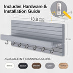 Lwenki Decorative Key Holder for Wall with Shelf, Entryway Shelf with Hooks Holds Leashes, Jackets and Glasses – Sturdy Wood Keyholder Entrance Hanger with Mounting Hardware (Gray, Large)