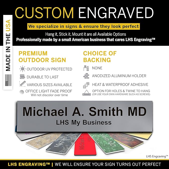 Personalized Name Plate with Choice of Mounting Holders for Walls, Doors, Cubicles, Hanging and More - Custom Gray Plastic Black Letters - USA Made 2x6 - B8