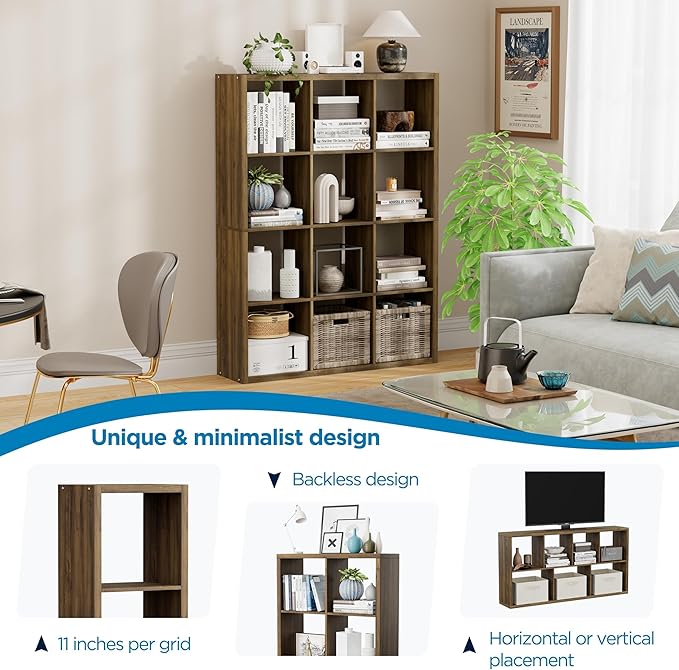 Jpiziso 12-Cube Storage Organizer, Wooden Cube Shelf Bookcase with Reinforced Thick Shelves, Heavy-Duty 36.93" L x 9.37" W x 48.82" H, for Living Room Bedroom Home Office, Brown
