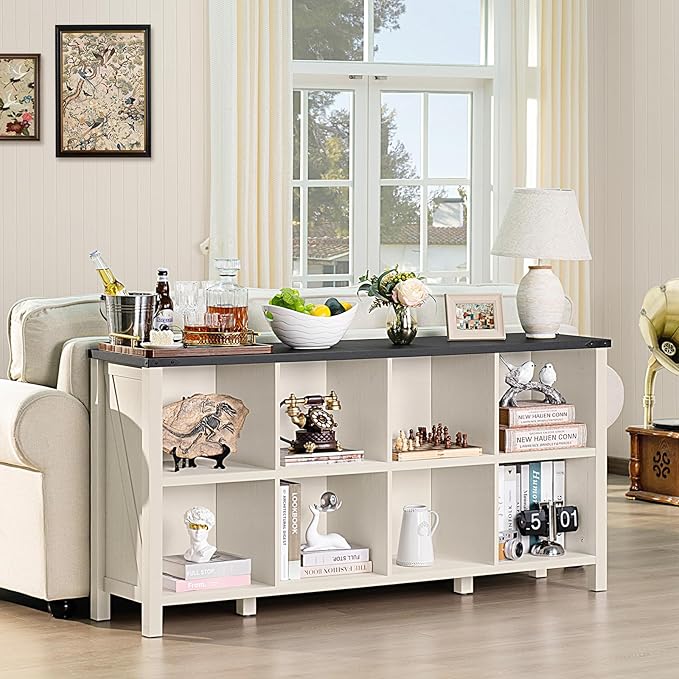 Joaxswe 8 Cube Book Shelf, Farmhouse Wood Long Storage Organizer Bookcase, 62" Horizontal Antique White & Black Console Bookshelf, Kids Toy Storage Cabinet, Modern Open Book Case for Playroom, Office
