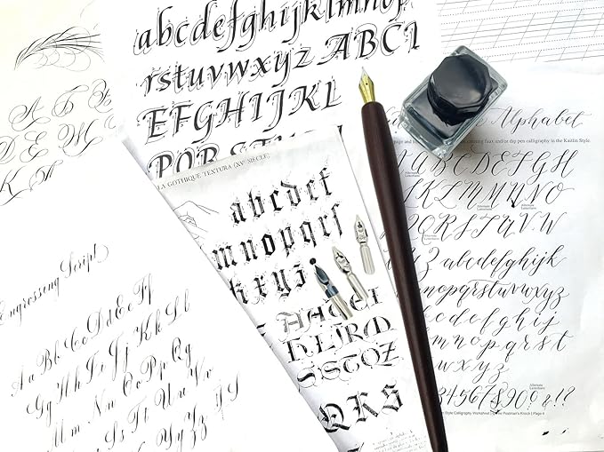 Plotube Wooden Pen Calligraphy Set - Dip Pen Gift Writing Case - Black Ink Bottle & Golden Holder & 11 Nibs and Beginner's Manual