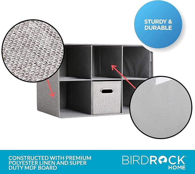 BIRDROCK HOME Linen Cube Organizer Shelf w/ 6 Storage Fabric Bins - Foldable & Durable - Toys, Clothes, Towels - Collapsible Cubby for Kids Room, Dorm, Closet, Bedroom - Large Shelving Cubbies - Grey